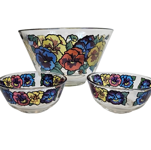Vintage 60s 70s Pasinski Washington Stained Glass Pansy Serving Bowl Set of 3 - Picture 10 of 10